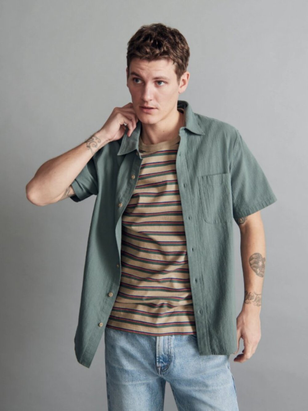 Madewell Crinkle Cotton Perfect Short Sleeve Shirt Architect Green Extra Large